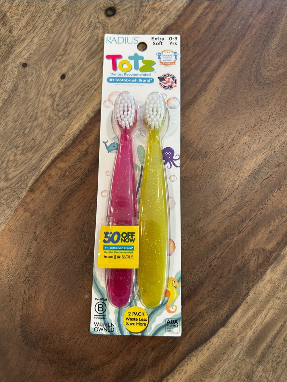 RADIUS TOTZ-Pink & YELLOW Sparkle Toothbrush - 2 Count